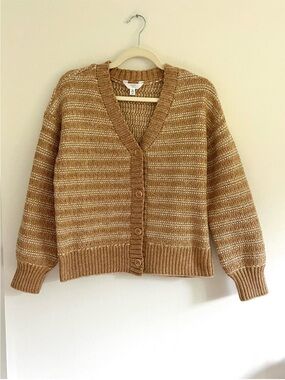 Time & Tru Chunky Boxy Tan White Striped Button Front Fall Cardigan Preppy Cozy